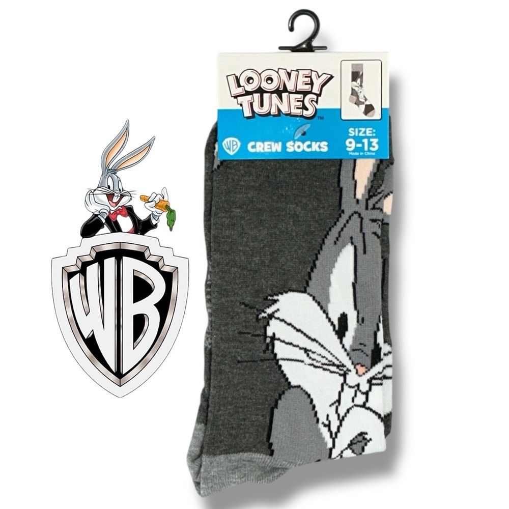 Bugs Bunny Crew Socks Novelty Looney Tunes Gray Unisex Mens One Size 9-13 - Picture 1 of 16